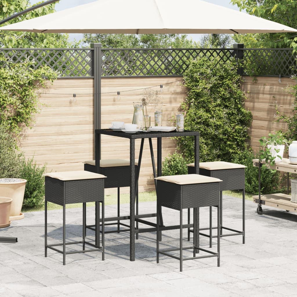 Set Bar da Giardino 5 pz con Cuscini in Polyrattan Nero | homemem39