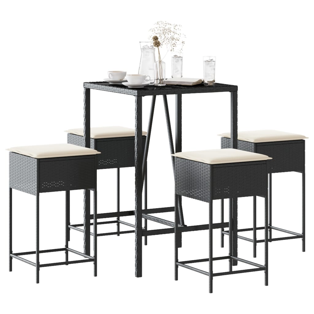 Set Bar da Giardino 5 pz con Cuscini in Polyrattan Nero | homemem39