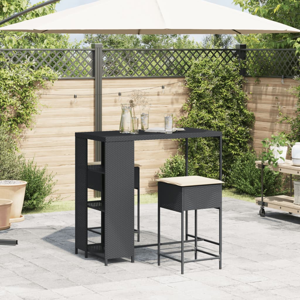 Set Bar da Giardino 3 pz con Cuscini in Polyrattan Nero - homemem39