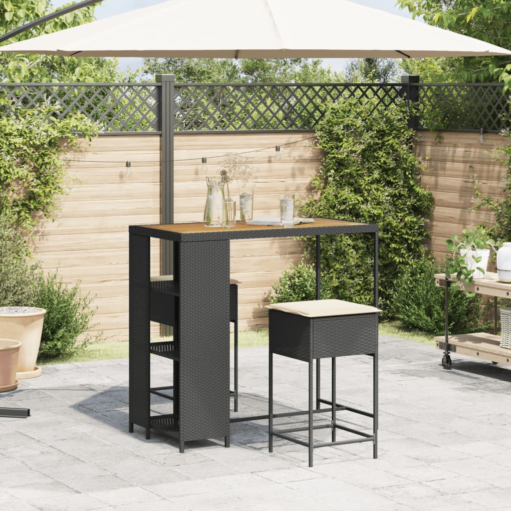 Set Bar da Giardino 3 pz con Cuscini in Polyrattan Nero - homemem39