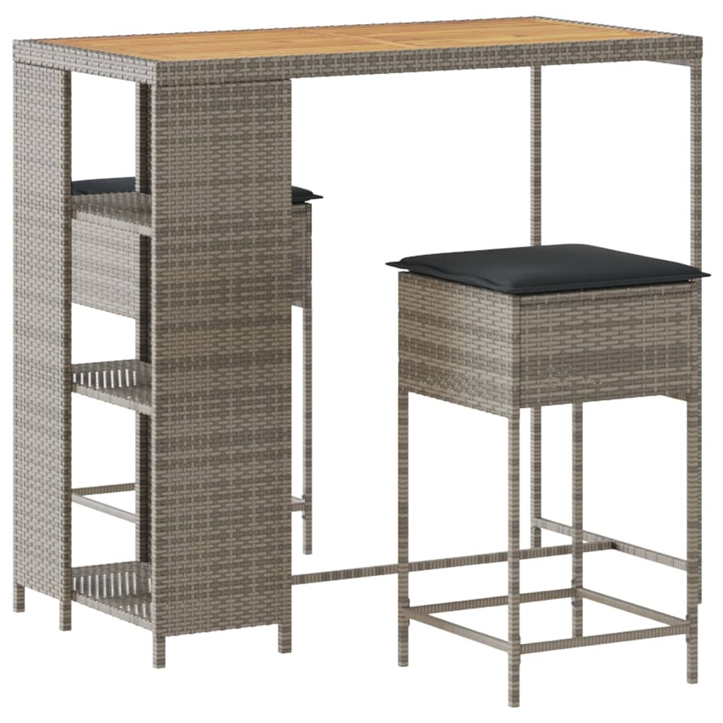 Set Bar da Giardino 3pz con Cuscini Grigio in Polyrattan | homemem39