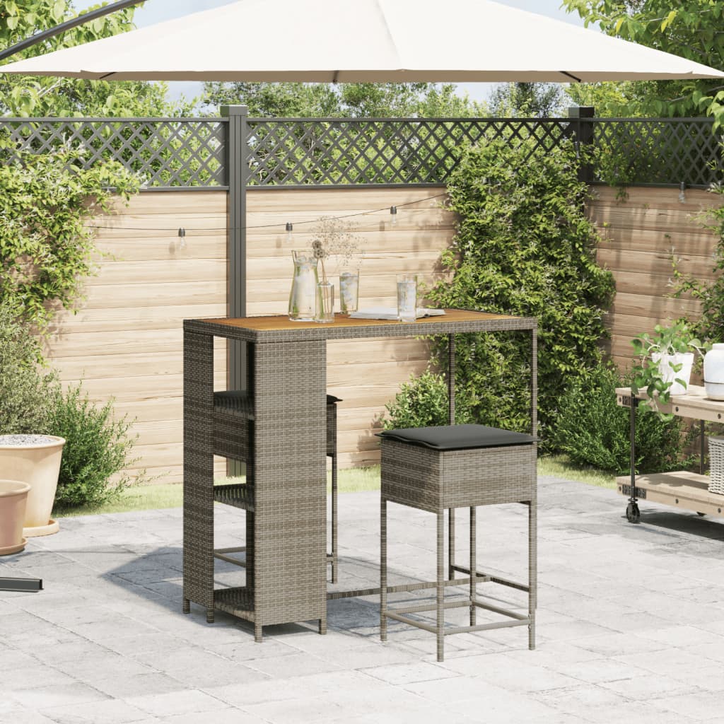 Set Bar da Giardino 3pz con Cuscini Grigio in Polyrattan | homemem39