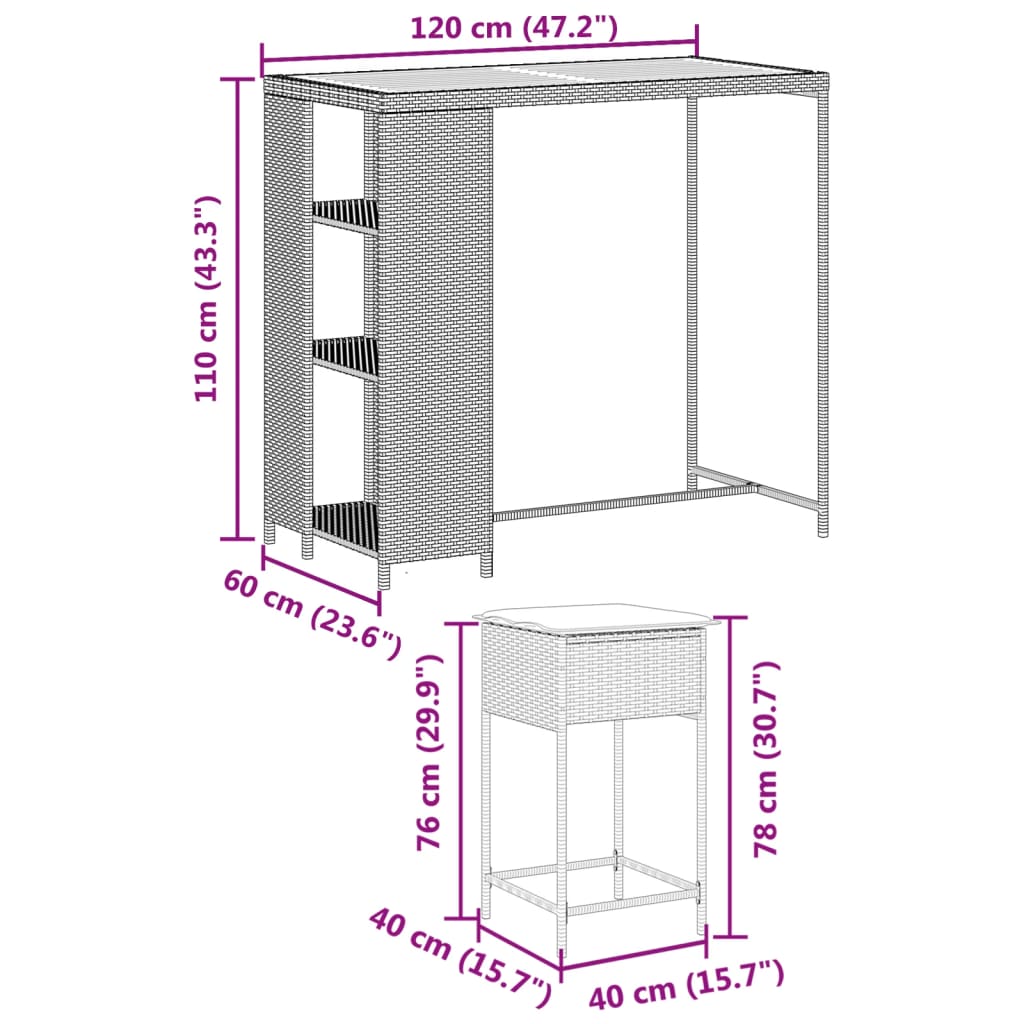 Set Bar da Giardino 3pz con Cuscini Grigio in Polyrattan | homemem39