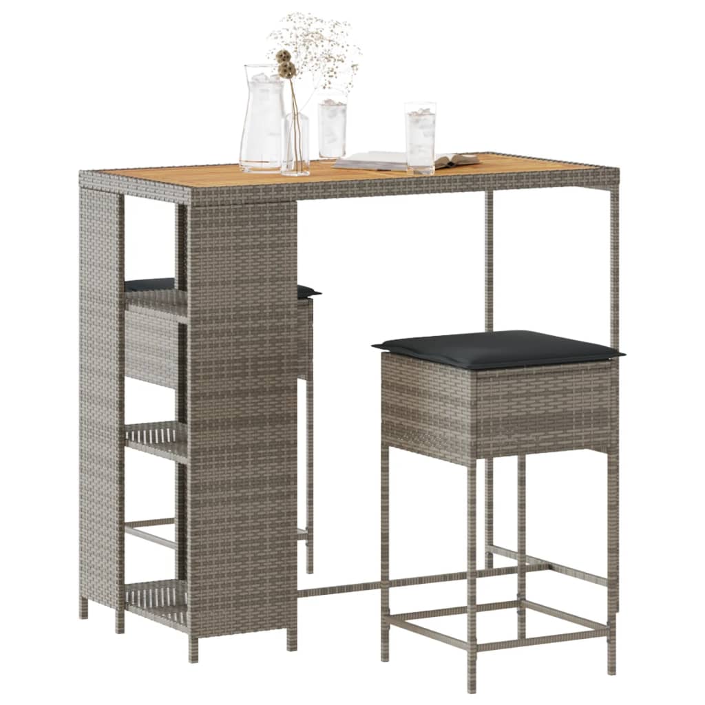 Set Bar da Giardino 3pz con Cuscini Grigio in Polyrattan | homemem39