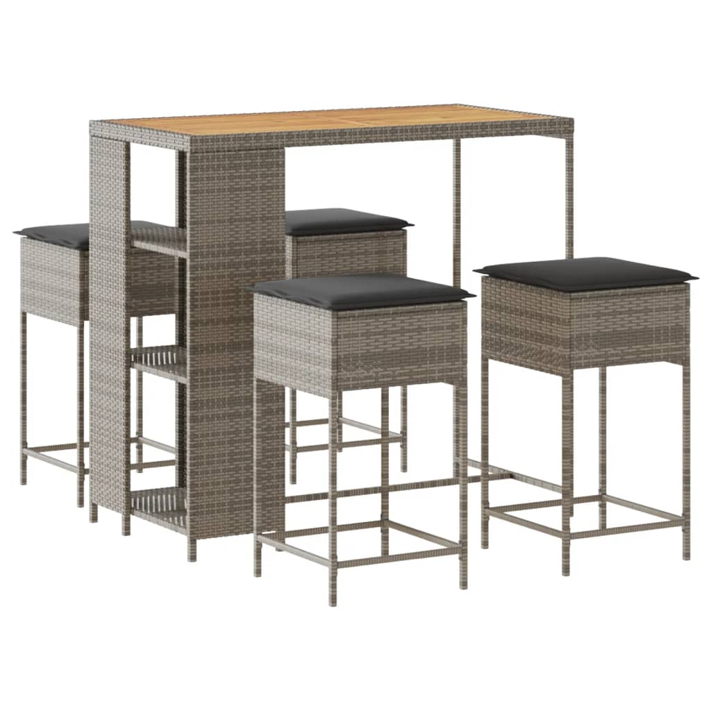 Set Bar da Giardino 5 pz con Cuscini in Polyrattan Grigio | homemem39