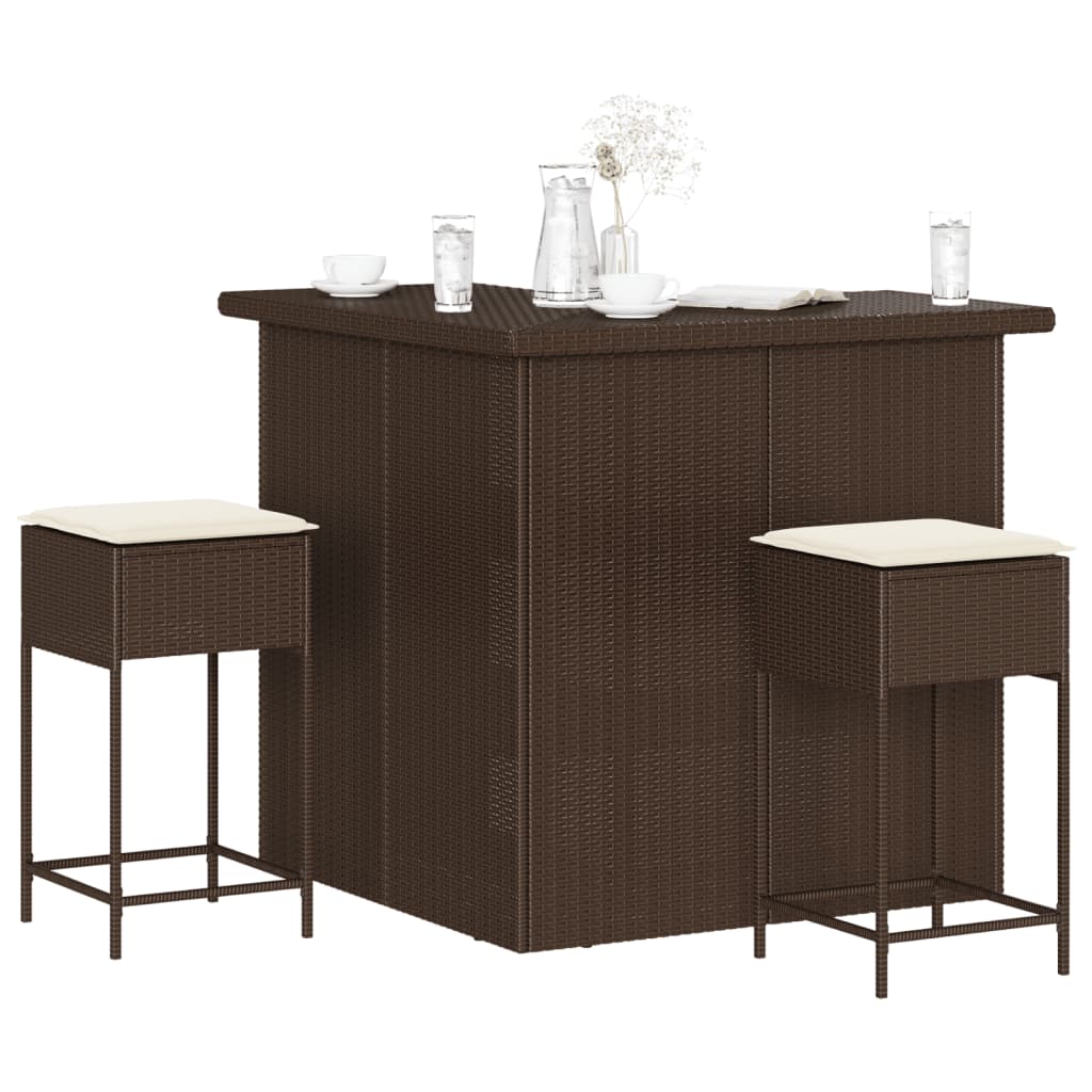 Set Bar da Giardino 3 pz con Cuscini in Polyrattan Marrone | homemem39