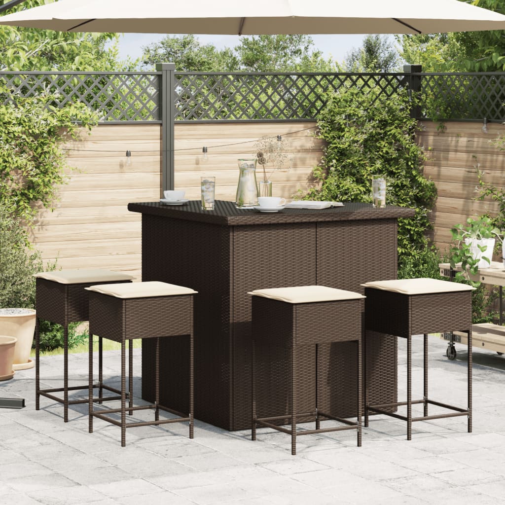Set Bar da Giardino 5 pz con Cuscini in Polyrattan Marrone | homemem39