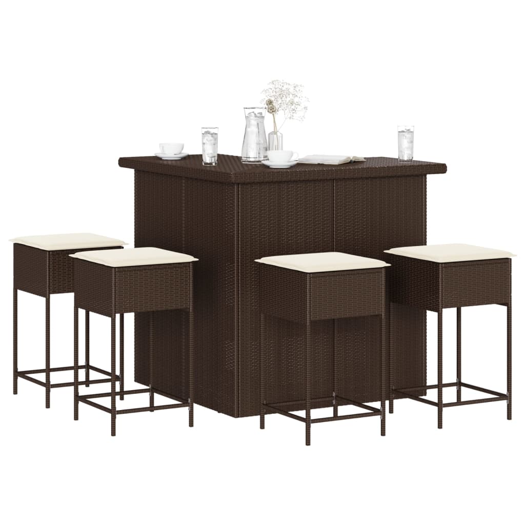 Set Bar da Giardino 5 pz con Cuscini in Polyrattan Marrone | homemem39