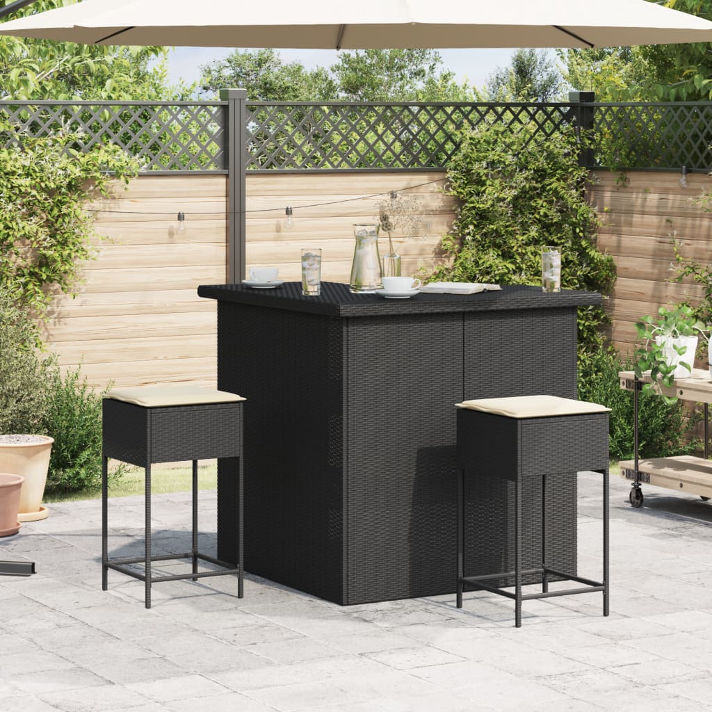 Set Bar da Giardino 3 pz con Cuscini in Polyrattan Nero | homemem39