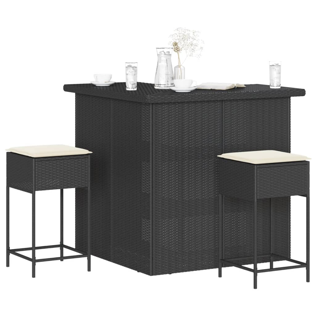 Set Bar da Giardino 3 pz con Cuscini in Polyrattan Nero | homemem39