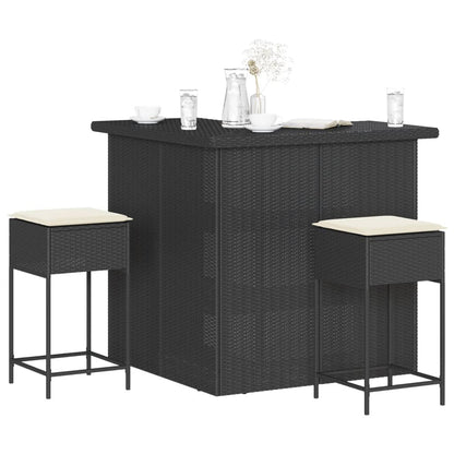 Set Bar da Giardino 3 pz con Cuscini in Polyrattan Nero | homemem39