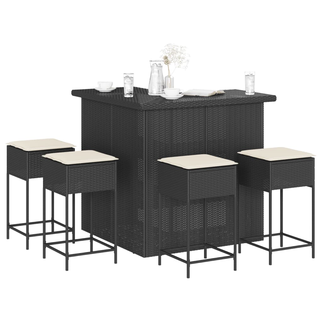 Set Bar da Giardino 5 pz con Cuscini in Polyrattan Nero | homemem39