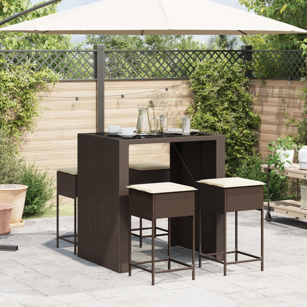 Set Bar da Giardino 5 pz con Cuscini in Polyrattan Marrone | homemem39
