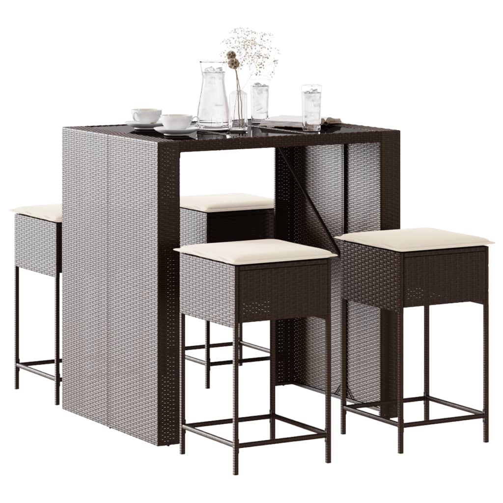 Set Bar da Giardino 5 pz con Cuscini in Polyrattan Marrone | homemem39
