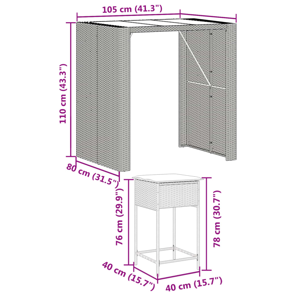 Set Bar da Giardino 5 pz con Cuscini in Polyrattan Nero | homemem39