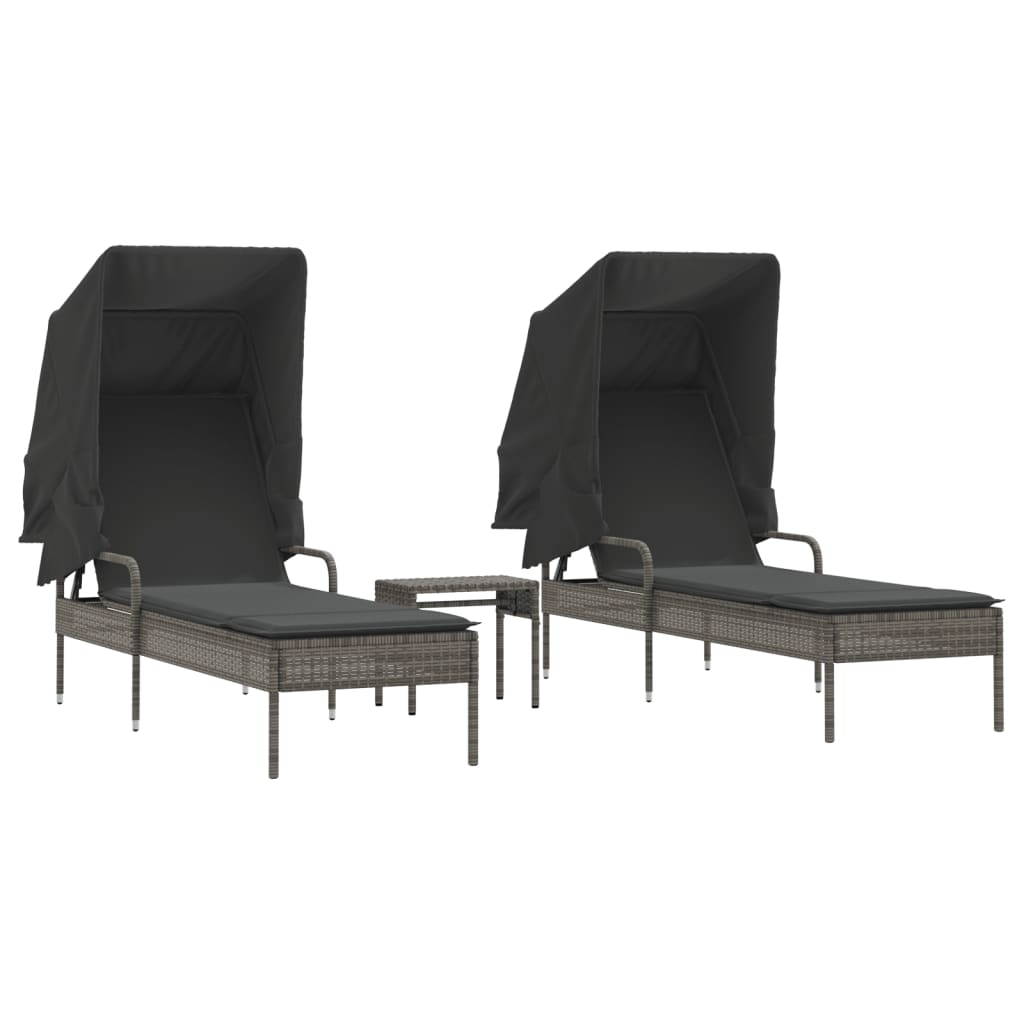 Lettini Prendisole 2 pz con Baldacchino e Tavolino Polyrattan | homemem39