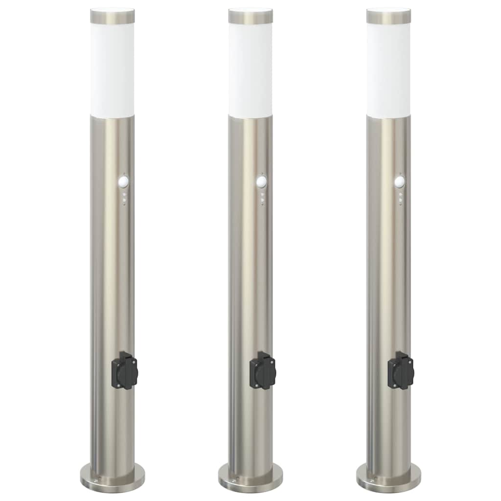 Lampioni a paletto con sensore e presa 3 pz 80 cm Acciaio Inox IP44 | homemem39