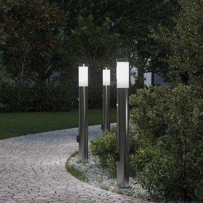 Lampioni a paletto con sensore e presa 3 pz 80 cm Acciaio Inox IP44