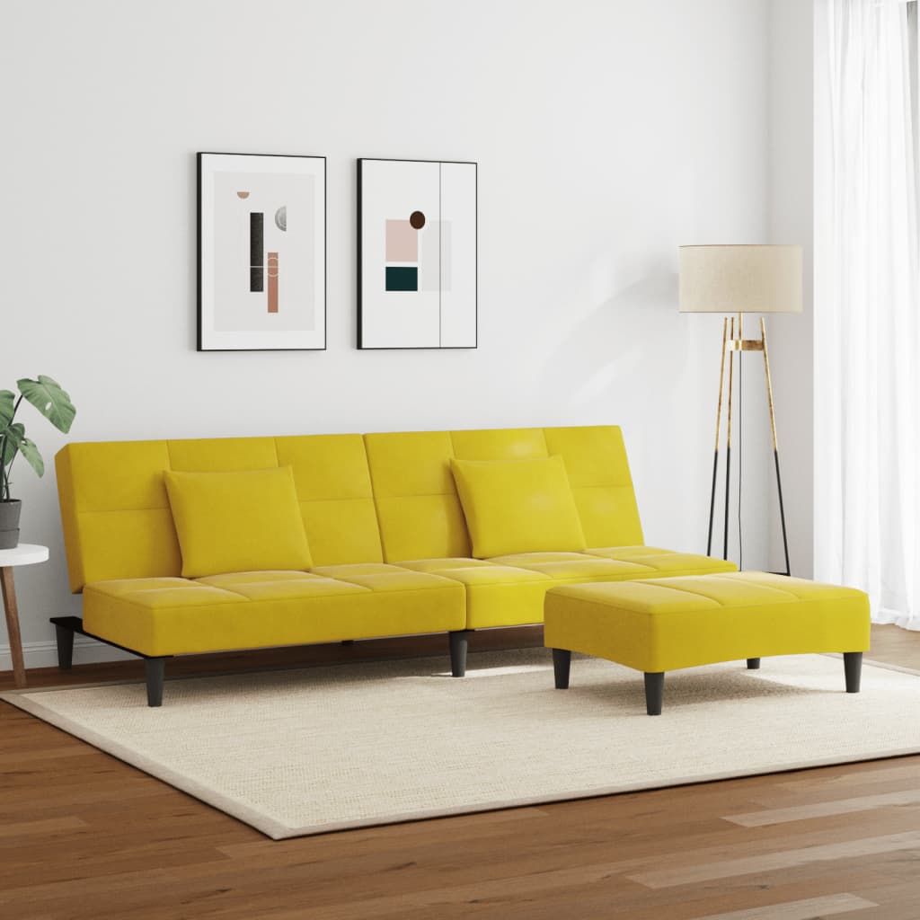 Divano Letto 2 Posti con Sgabello Giallo in Velluto - homemem39