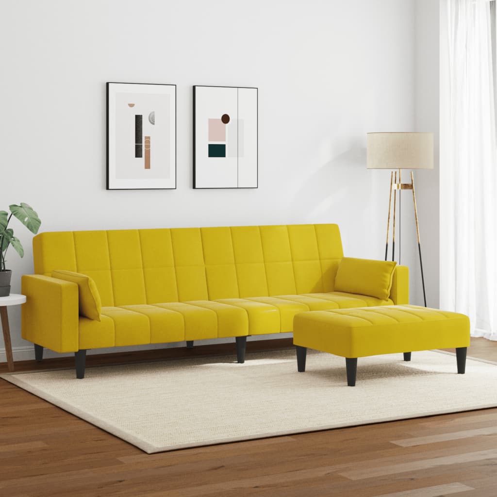 Divano Letto 2 Posti con Sgabello Giallo in Velluto - homemem39