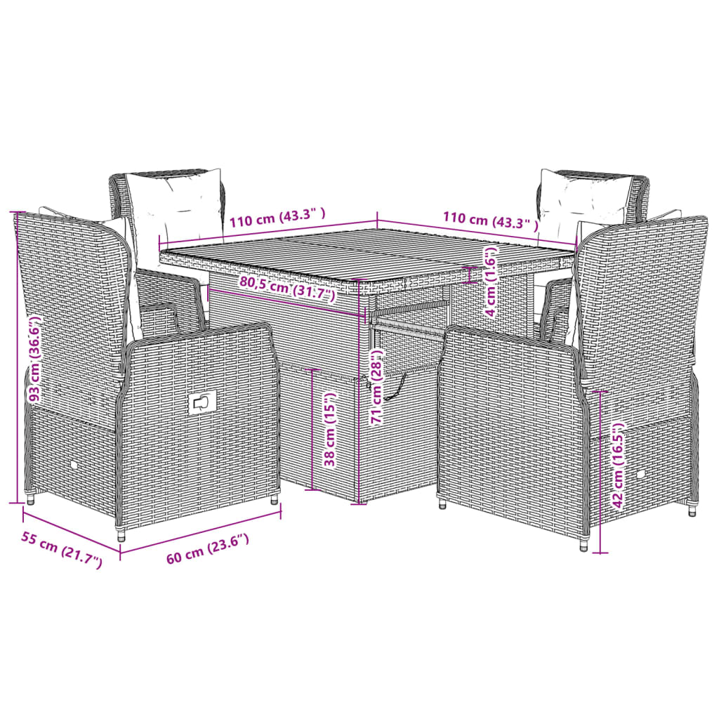 Set da Pranzo da Giardino 5 pz con Cuscini Beige in Polyrattan | homemem39