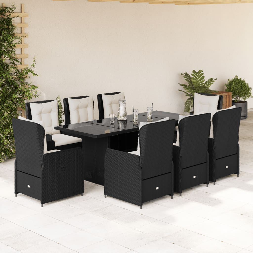Set da Pranzo da Giardino 9 pz con Cuscini Nero in Polyrattan | homemem39