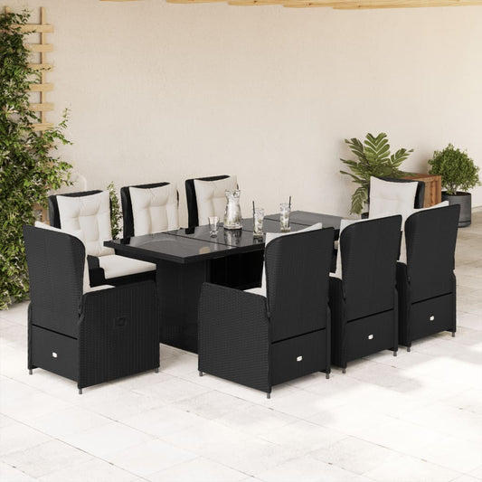 Set da Pranzo da Giardino 9 pz con Cuscini Nero in Polyrattan - homemem39