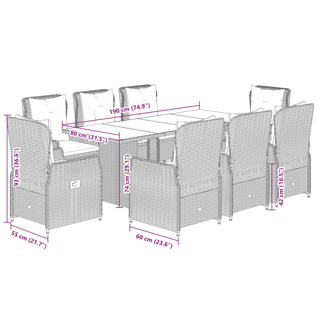 Set da Pranzo da Giardino 9 pz con Cuscini in Polyrattan Grigio | homemem39
