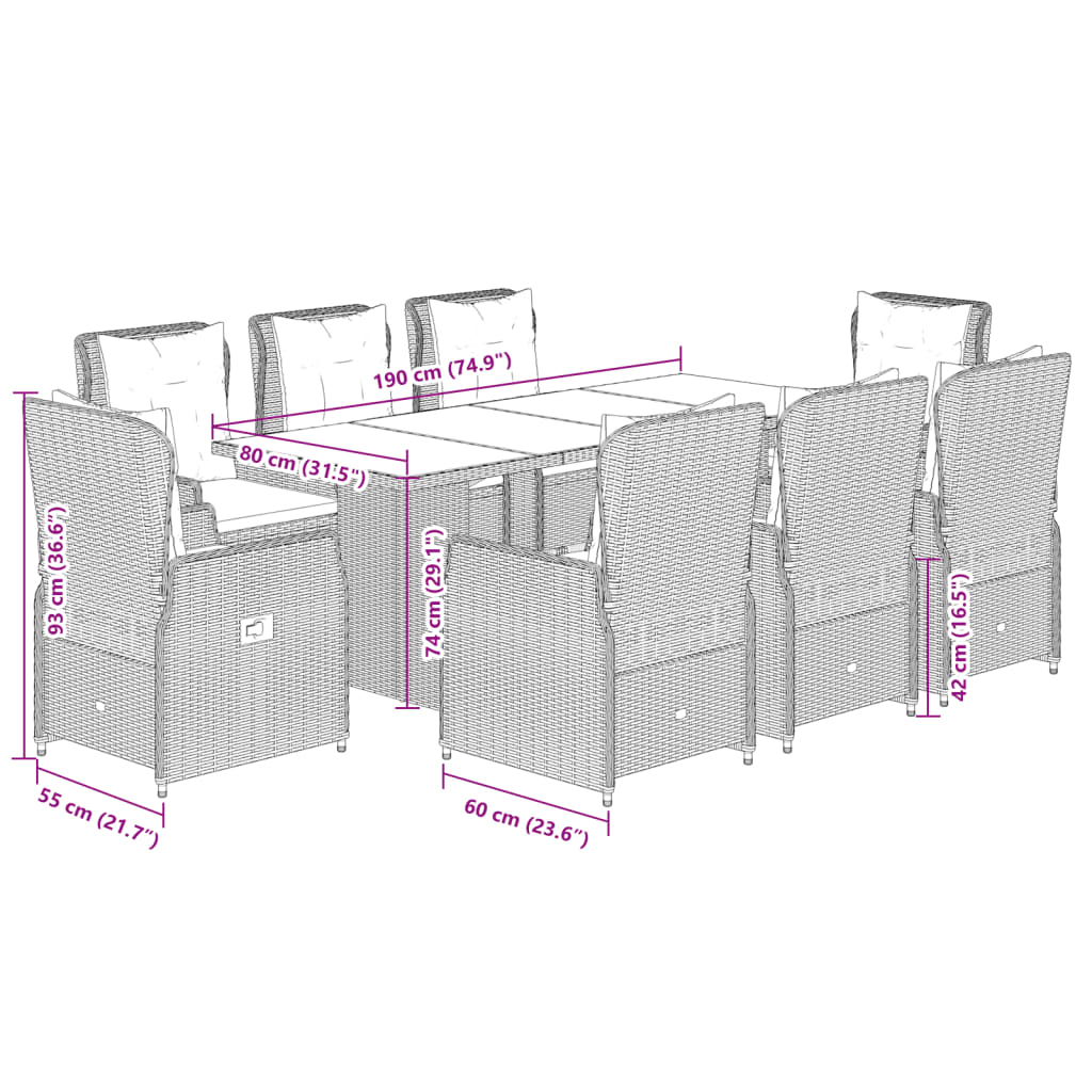 Set da Pranzo da Giardino 9 pz con Cuscini Beige in Polyrattan | homemem39