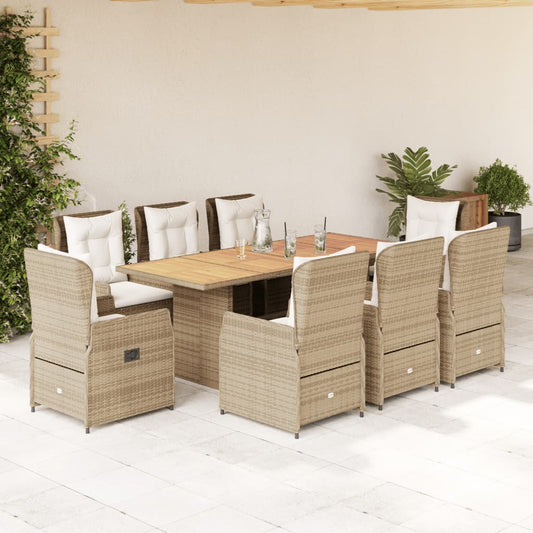 Set da Pranzo da Giardino 9 pz con Cuscini Beige in Polyrattan | homemem39