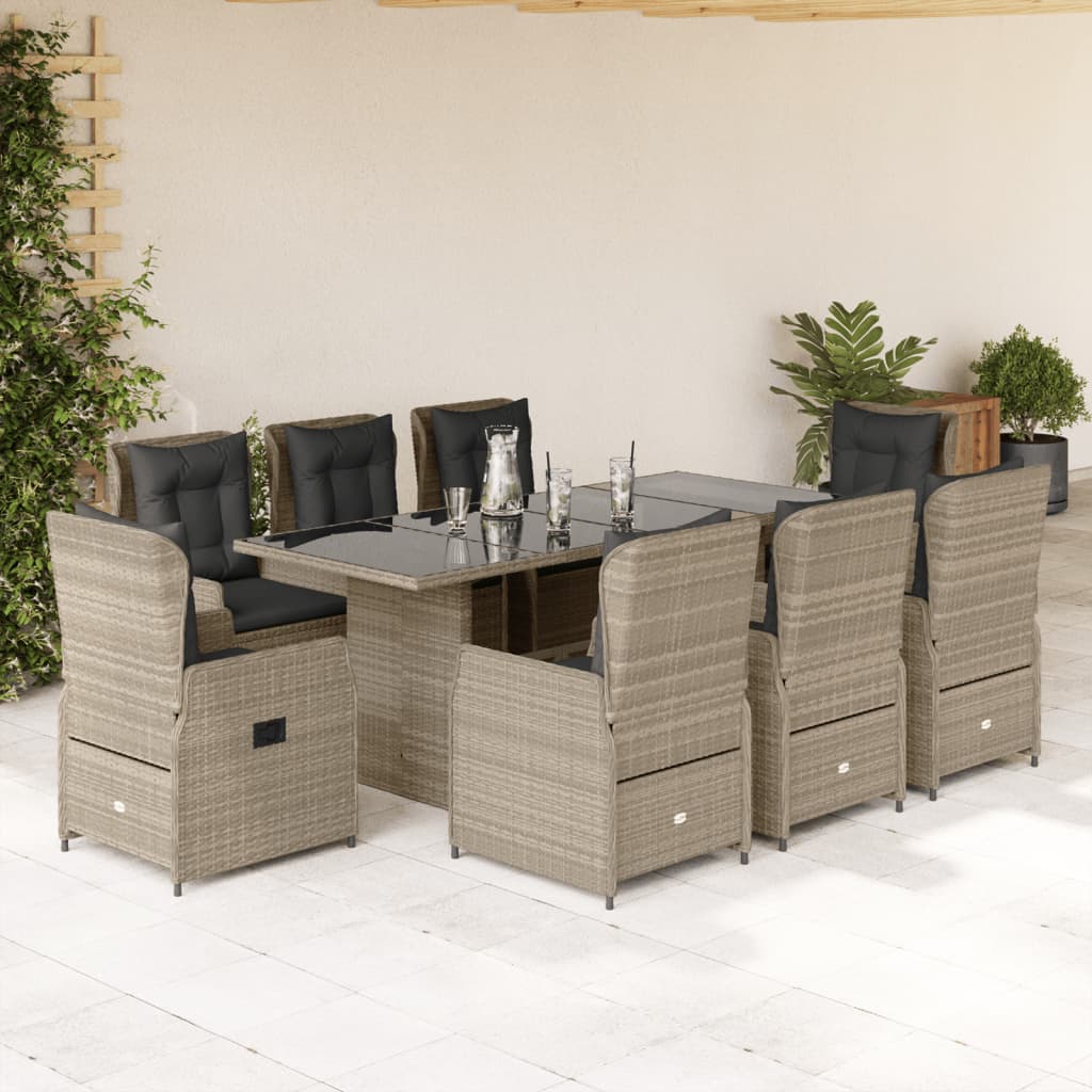 Set Pranzo da Giardino 9pz con Cuscini Grigio Chiaro Polyrattan - homemem39