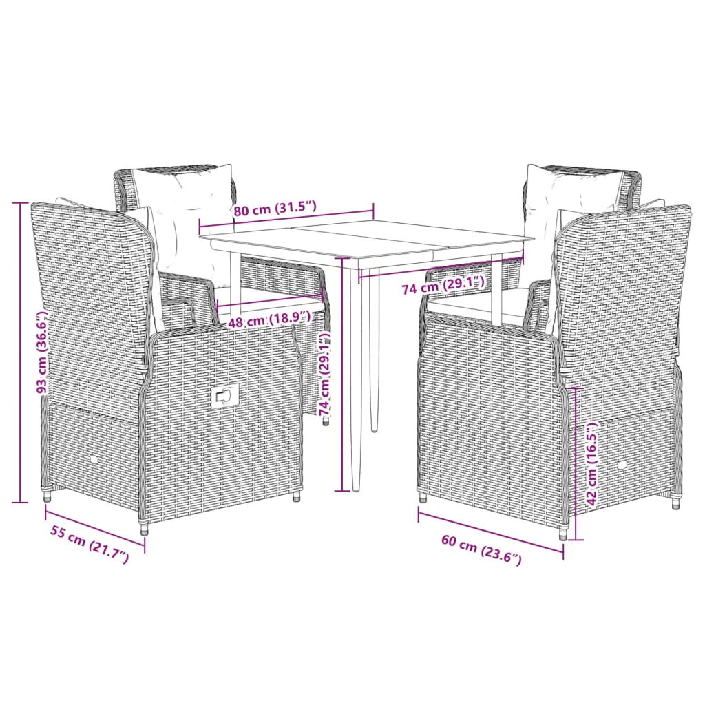 Set da Pranzo da Giardino 5 pz Nero con Cuscini in Polyrattan | homemem39