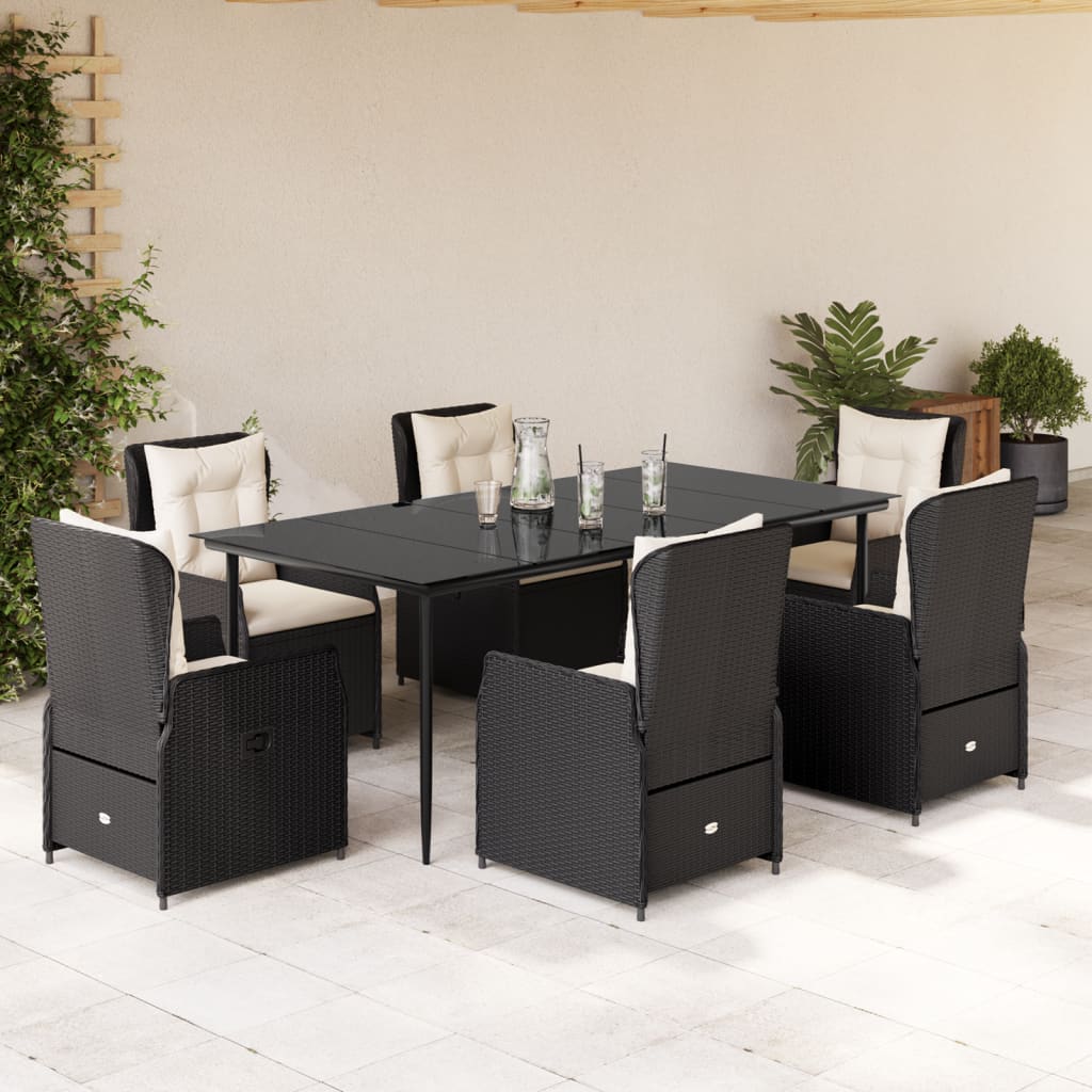 Set da Pranzo da Giardino 7 pz Nero con Cuscini in Polyrattan - homemem39