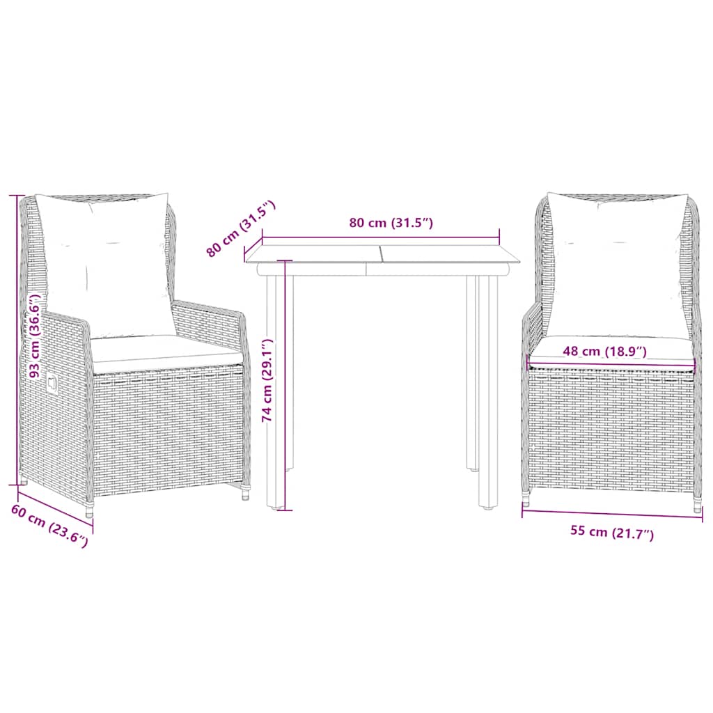 Set da Pranzo da Giardino 3 pz con Cuscini Nero in Polyrattan | homemem39