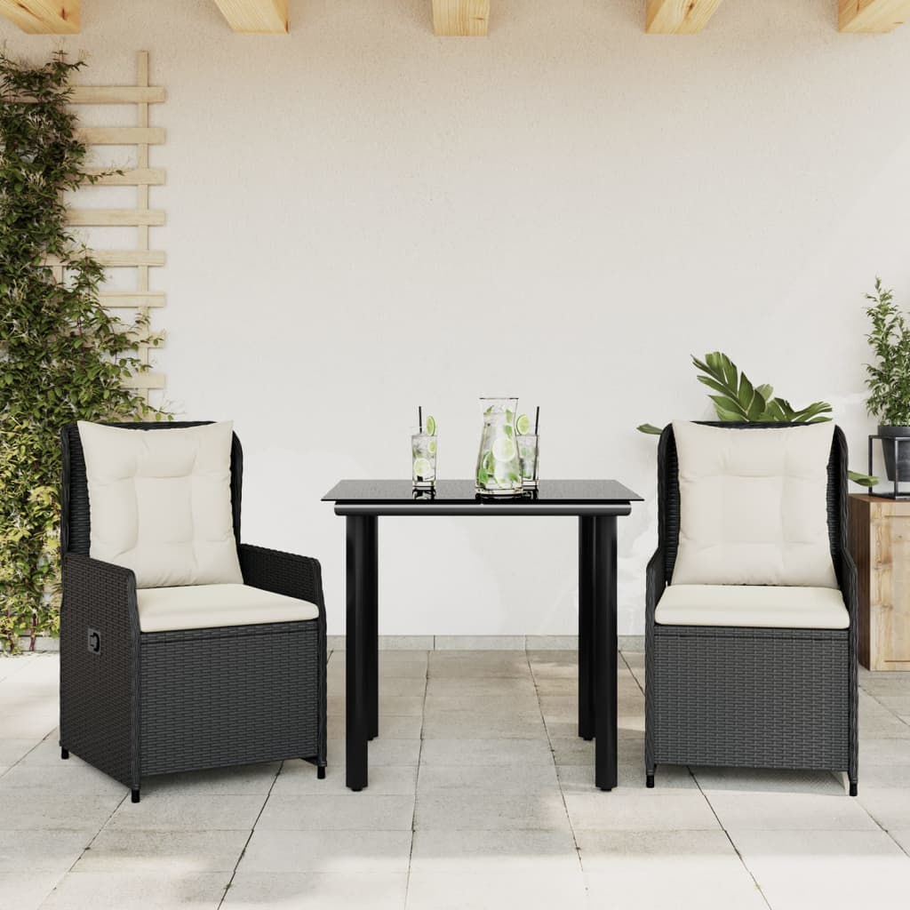 Set da Pranzo da Giardino 3 pz con Cuscini Nero in Polyrattan - homemem39