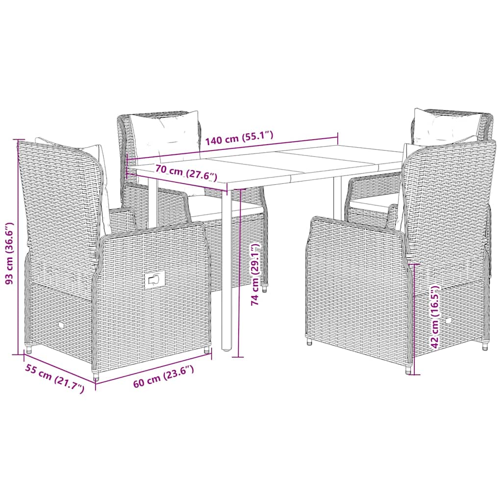 Set da Pranzo da Giardino 5 pz Nero con Cuscini in Polyrattan | homemem39