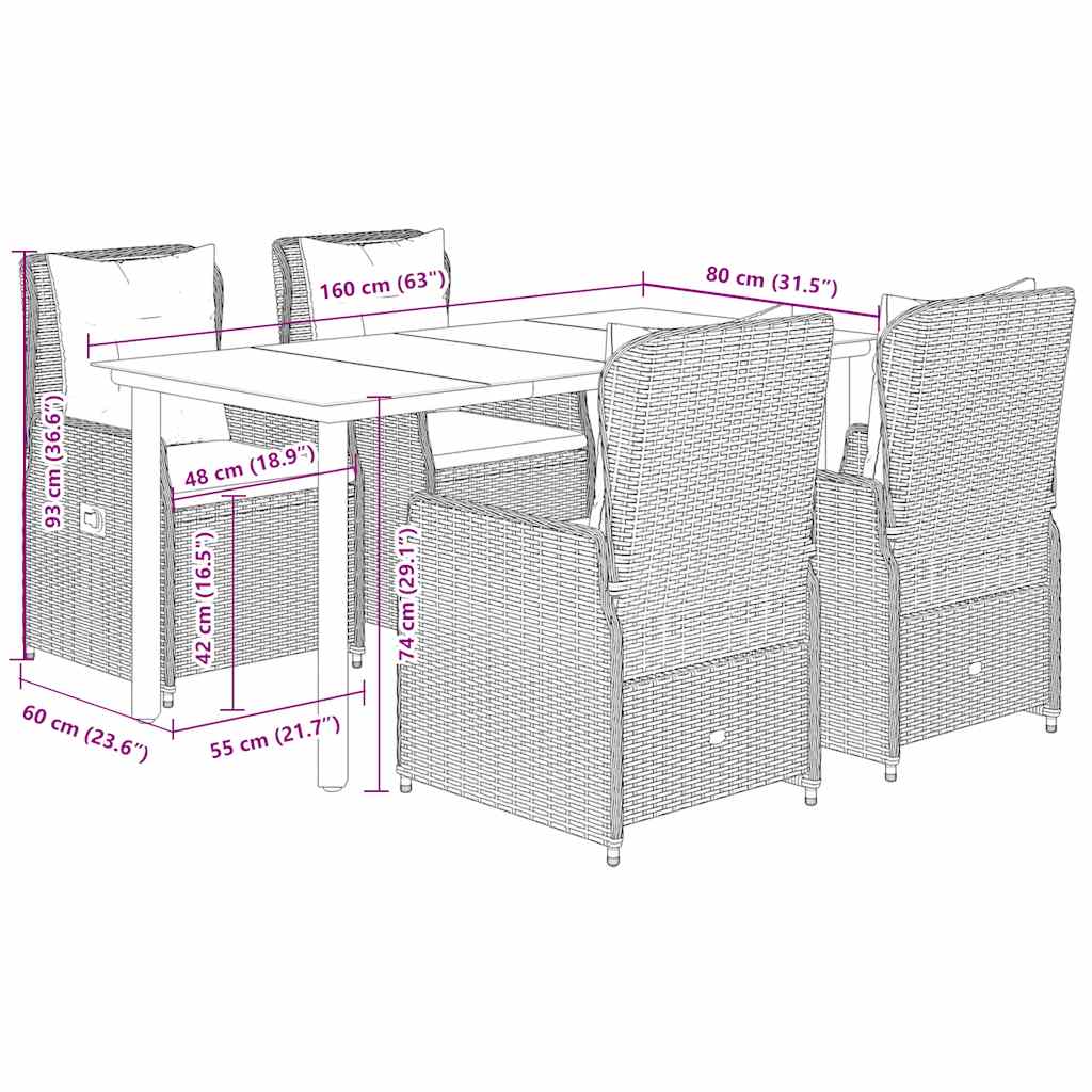 Set da Pranzo da Giardino 5 pz Nero con Cuscini in Polyrattan | homemem39
