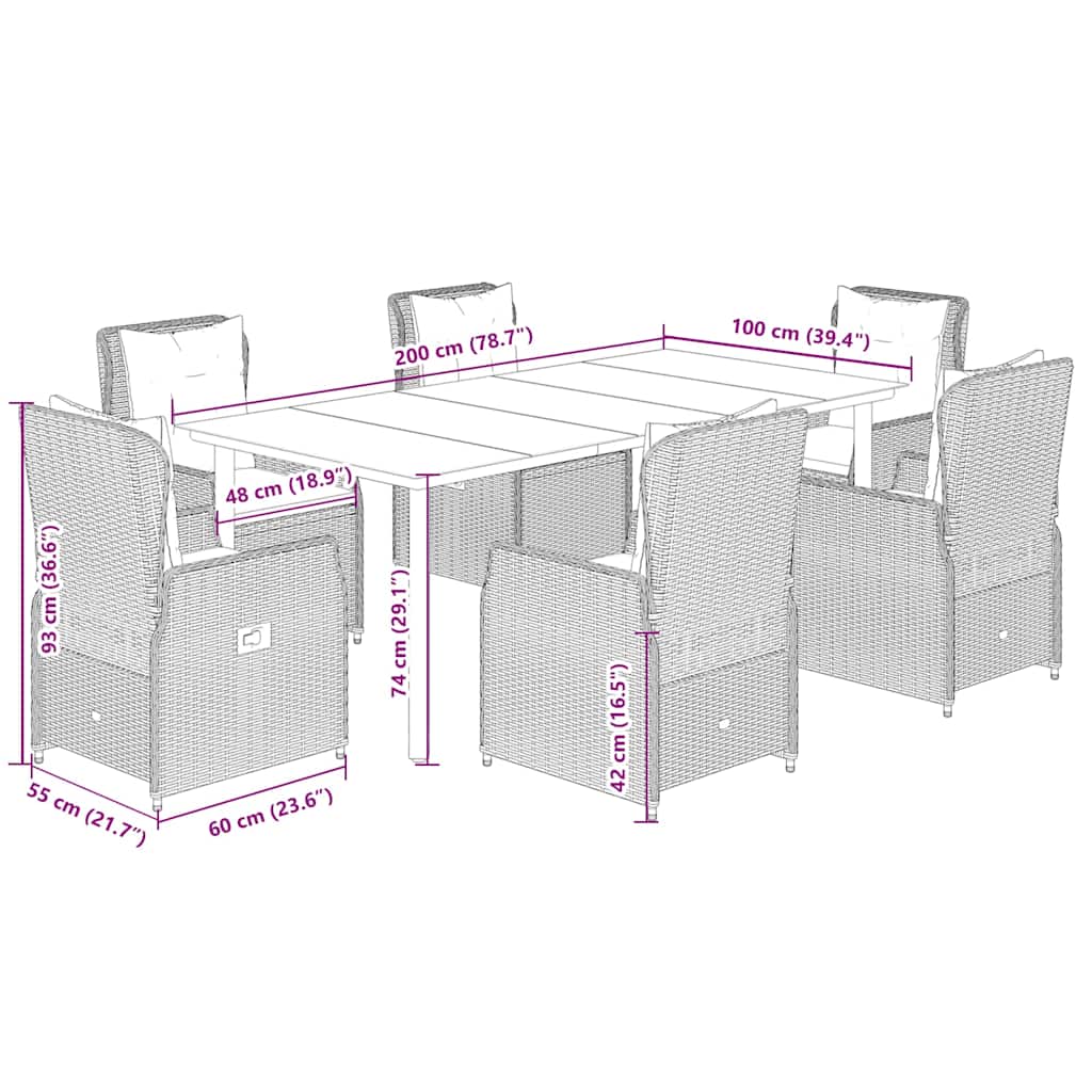 Set da Pranzo da Giardino 7 pz Nero con Cuscini in Polyrattan | homemem39