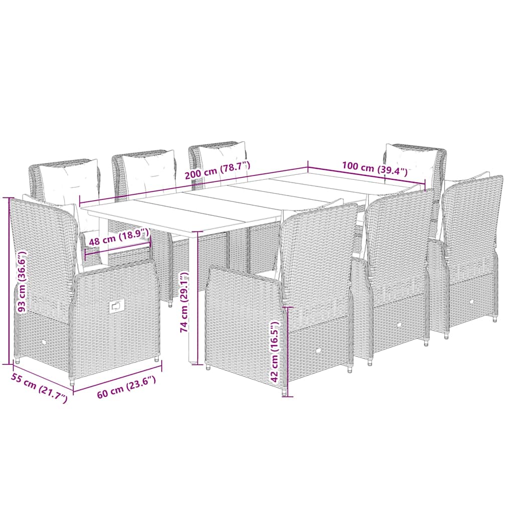 Set da Pranzo da Giardino 9 pz con Cuscini Nero in Polyrattan | homemem39