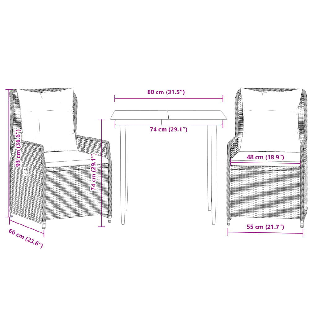 Set da Pranzo da Giardino 3pz con Cuscini in Polyrattan Marrone | homemem39