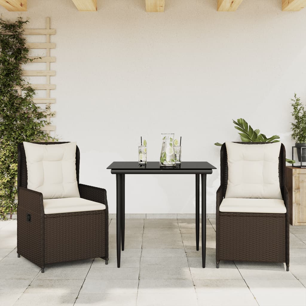 Set da Pranzo da Giardino 3pz con Cuscini in Polyrattan Marrone | homemem39