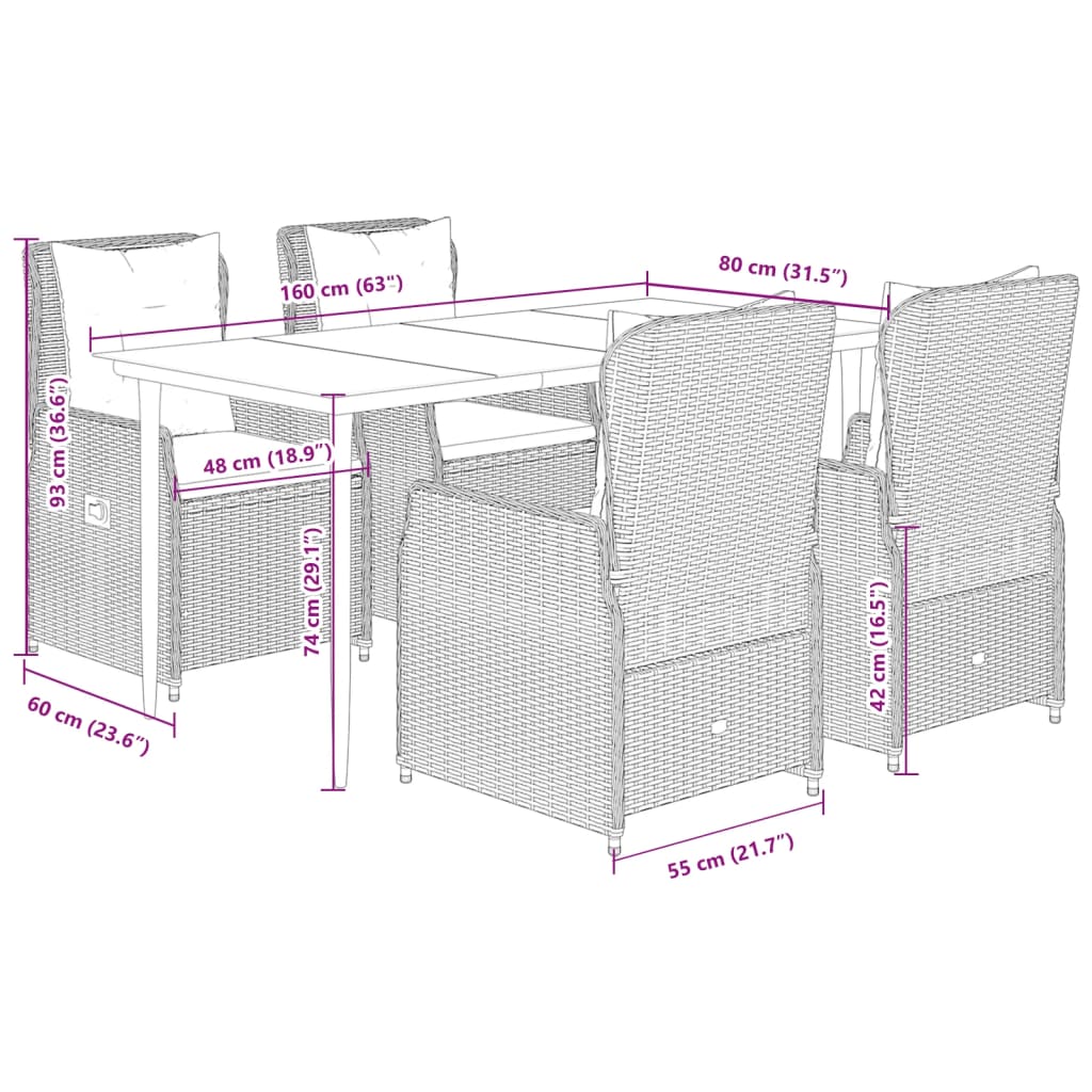 Set da Pranzo da Giardino 5pz con Cuscini in Polyrattan Marrone | homemem39