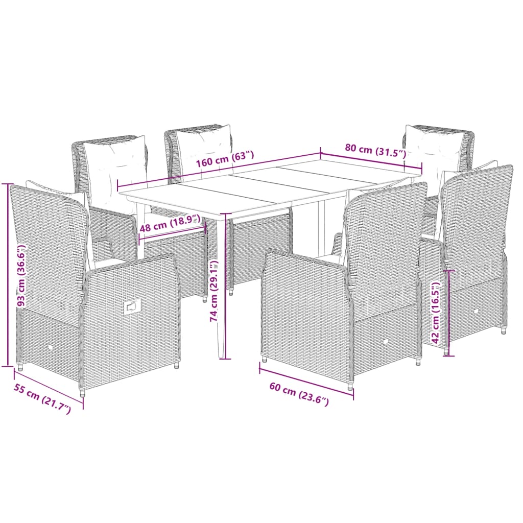 Set da Pranzo da Giardino 7pz con Cuscini in Polyrattan Marrone | homemem39