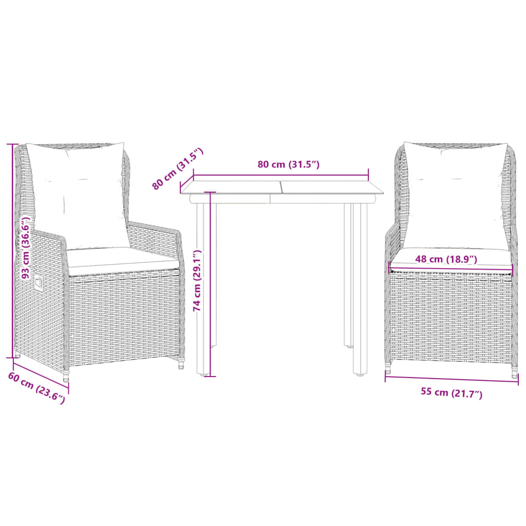 Set da Pranzo da Giardino 3pz con Cuscini in Polyrattan Marrone | homemem39