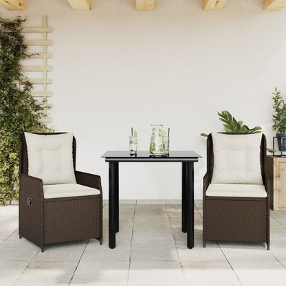 Set da Pranzo da Giardino 3pz con Cuscini in Polyrattan Marrone | homemem39