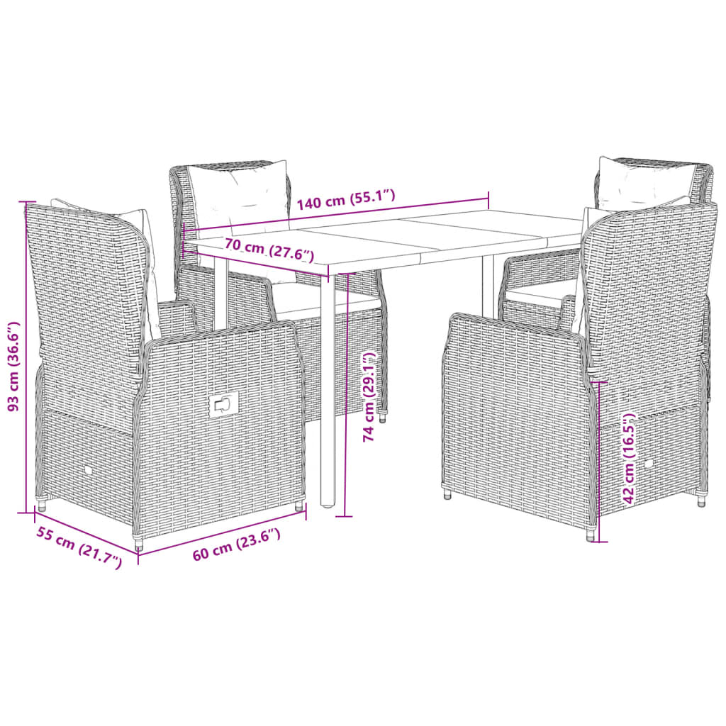 Set da Pranzo da Giardino 5pz con Cuscini in Polyrattan Marrone | homemem39