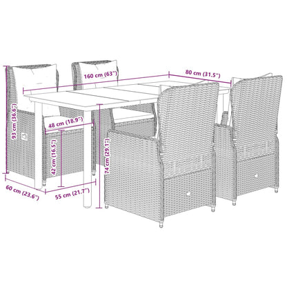 Set da Pranzo da Giardino 5pz con Cuscini in Polyrattan Marrone