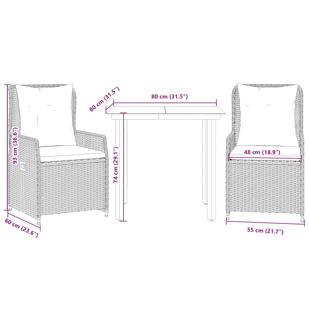 Set da Pranzo da Giardino 3 pz con Cuscini in Polyrattan Grigio | homemem39