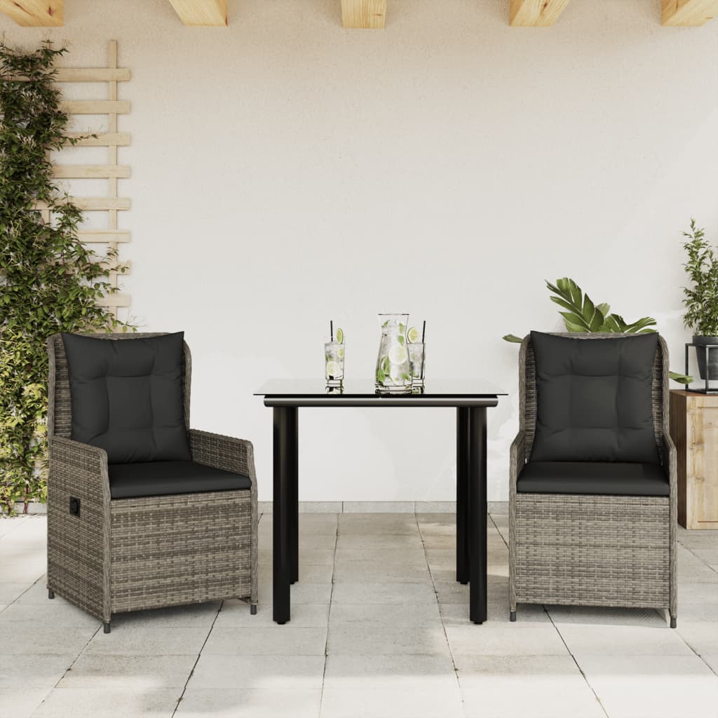 Set da Pranzo da Giardino 3 pz con Cuscini in Polyrattan Grigio | homemem39