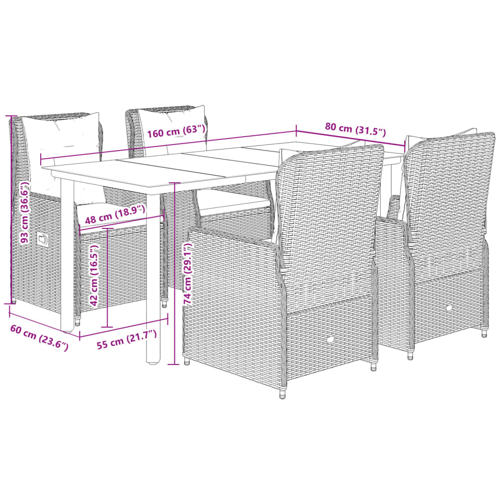 Set da Pranzo da Giardino 5 pz con Cuscini in Polyrattan Grigio | homemem39